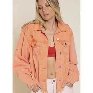 POL Distressed Orange Denim Shacket, Women's Small